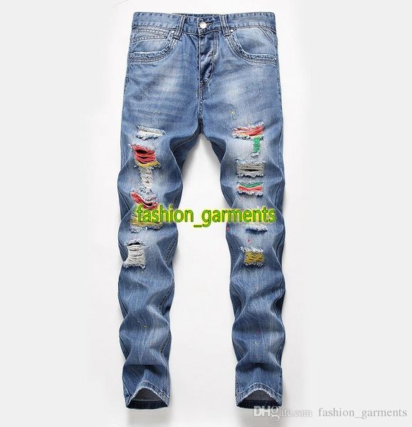 

2019 spring summer trend mens feet straight fashion blue denim trousers mens jeans hole hand-painted trousers