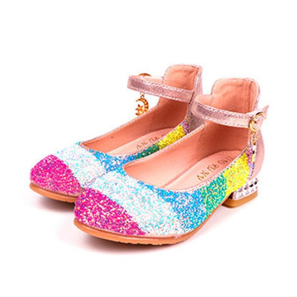 

children shoes girls high heel princess shoes rainbow dance sandals kids girls glitter princess party dress wedding, Black;red
