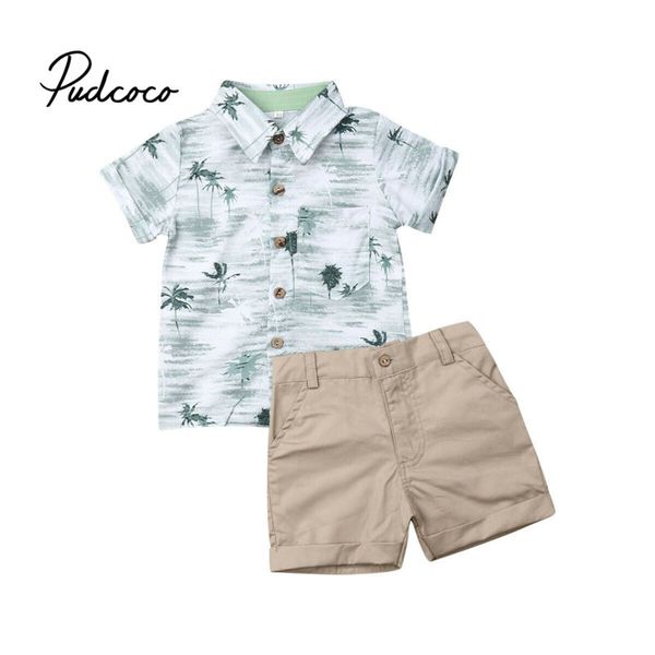 

children summer clothing 2pcs set toddler kid baby boy coconut tree t-shirt+shorts pants outfits short sleeve clothes 1-6t, White