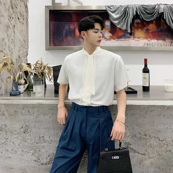 

men loose short sleeve tie bow casual shirts male fashion white black party dress shirt streetwear clothing