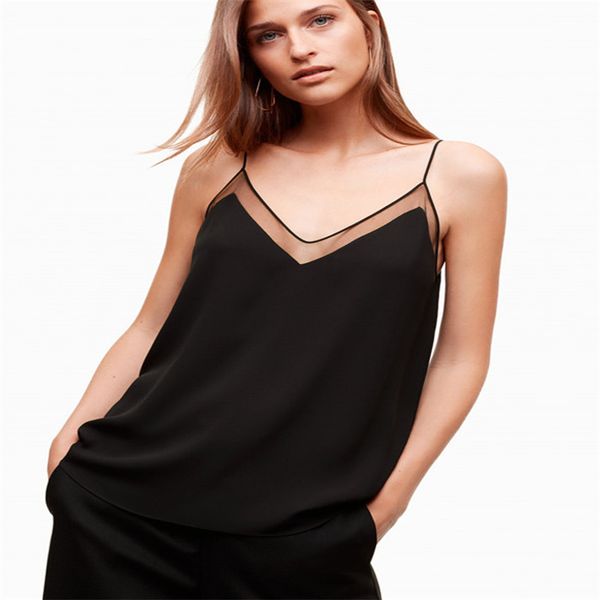 

Lace Panelled Vest For Female Summer Fashion Designer V-Neck Sleeveless Tshirts Sexy Spaghetti Strap Chiffon Shirt