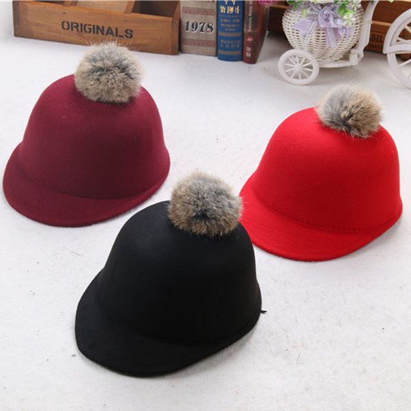 

cute equestrian caps for children new lovely pompoms baseball visors hats solid color felt cap for adults autumn winter, Black;white