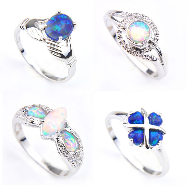 

luckyshine wedding ring 4 pcs classic four style blue white fire opal gemstone 925 silver flower rings for women wedding party holiday gifts, Slivery;golden