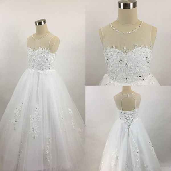 

flower girls dresses for weddings lace applique illusion neck beaded hollow back floor length kids birthday girl pageant gowns, Red;yellow