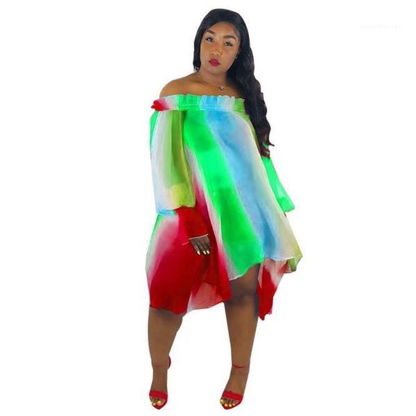 

sleeve dress stripe gradient ladies casual dresses irregular colorful printing women dresses summer slash neck long, Black;gray