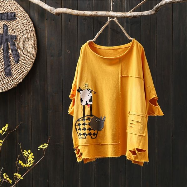 

cloth embroidered ladies cotton t-shirt jacket cotton t-shirt short sleeves shoulder sleeves holes irregular loose top, White