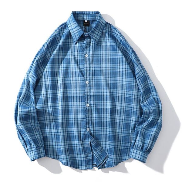 

mens plaid print hawaii beach shirts harajuku streetwear 2020 summer long sleeve blouse hiphop blue-color bf shirts, White;black