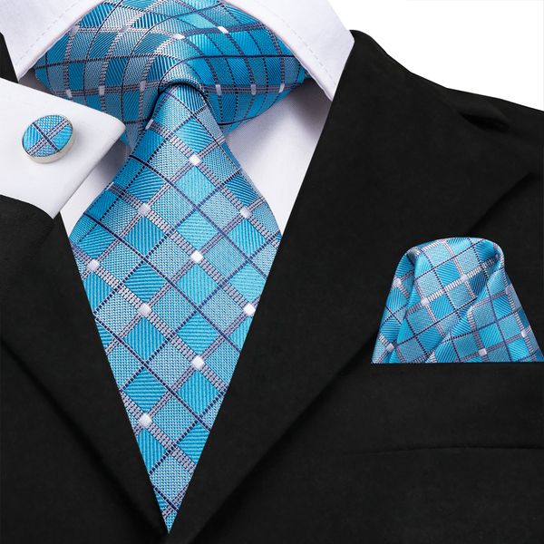 

hi-tie new plaid mens tie handkerchief set jacquard woven silk neck tie 8.5cm blue for men suit business wedding n-3119, Black;blue