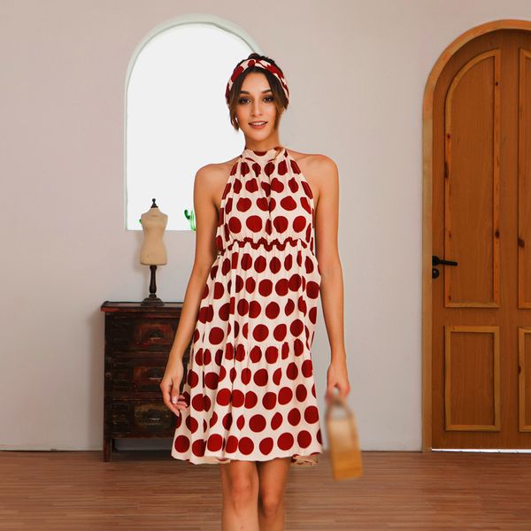 

summer polka dots dress women vacation beach hanging neck boho mini dress, Black;gray
