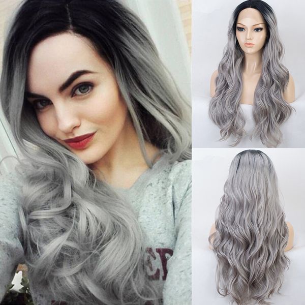 

Ombre Grey Long Wavy Wig Synthetic Lace Front Wig Silver Black Roots to Grey Wigs for Women Middle Part Heat Resistant Fiber Soft, Gray