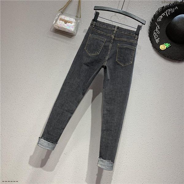 

women tight summer autumn new skinny female lady european fashion heavy bead color matching jeans pencil pants rivet jeans, Blue