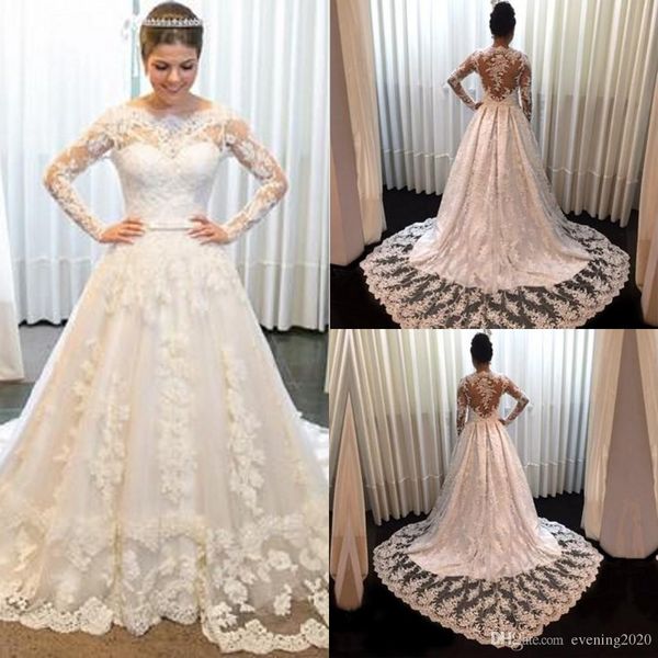 

noble wedding dresses temperament vintage long sleeves lace 2018 princess bridal gowns mopping long section wedding gowns, White