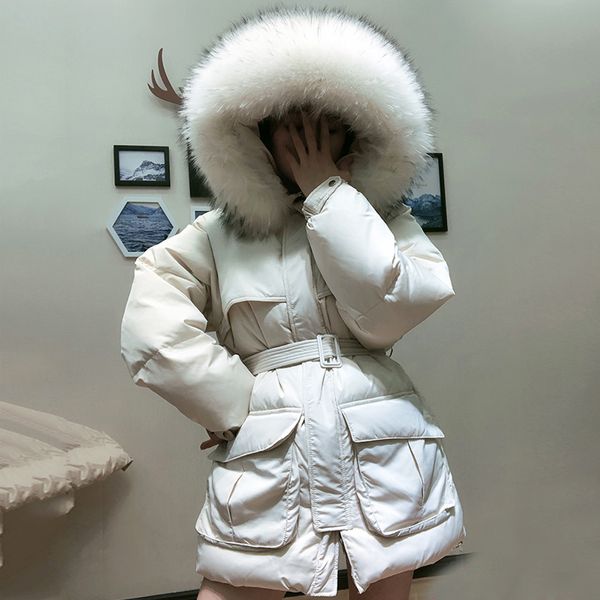 

large real raccoon fur collar 2019 women winter white duck down parkas medium long slim jackets hooded thick warm female coat, Black