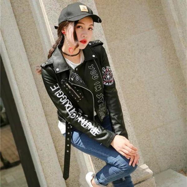 

lyfzous ladies black graffiti pu leather jacket women 2019 new spring autumn punk style moto coat cropped faux jackets with belt, Black;brown