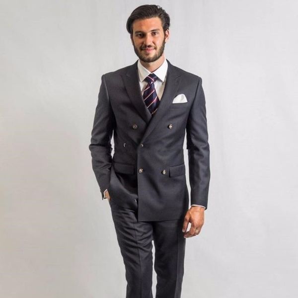 Yakışıklı Kruvaze Koyu Gri Düğün Damat Smokin Tepe Yaka Groomsmen Erkekler Balo Blazer Suits (Ceket + Pantolon + Kravat) 264