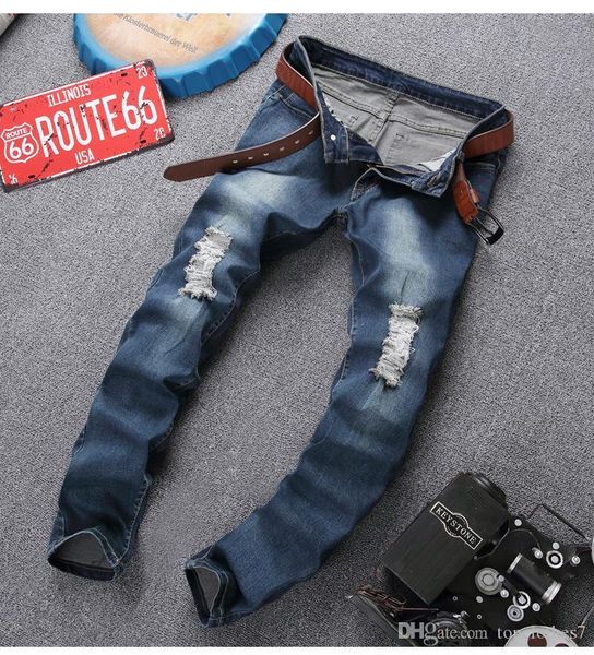 

high-quality wholesale-mens ripped skinny straight slim elastic denim fit biker jeans pants long pants stylish straight slim fit jeans blue