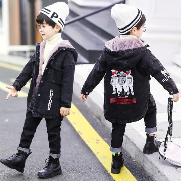 

children's clothing winter denim clothing plus velvet thickening boy's jacket long children's cartoon denim coat casual fashi, Blue;gray