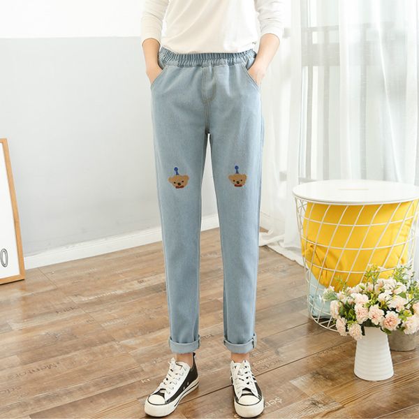

s-xxl harajuku fashion elastic loose student denim pants sweet cute bear embroidery girls denim pants high waist harem trousers, Blue