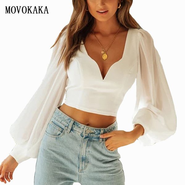 

2020 весна лето сексуальных женщин блузы белой тонкий блуза crop top фонарики рукав блузка женщина с длинным рукавом v-образный вырез top wo, White