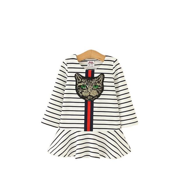 2020 outono meninas meninas desenhos animados vestidos moda stripe lantejoula gato manga longa crianças princesa vestido crianças plissar vestido s130