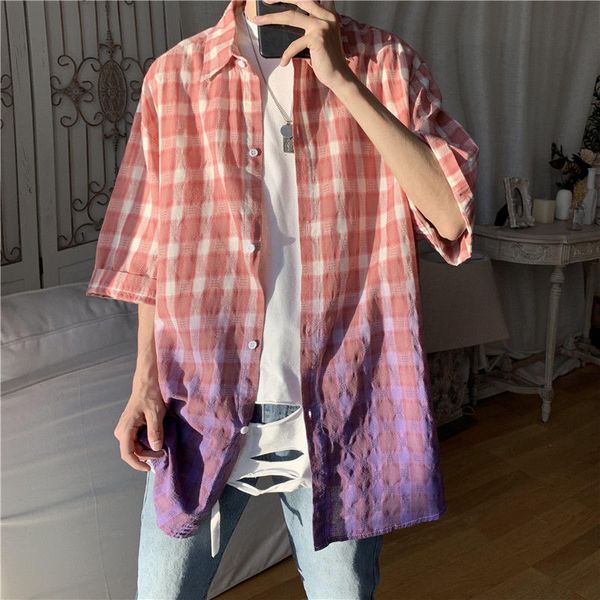 

2020 летняя новый молодежного популярный мужской color matching lattice пятиточечного рукав вскользь свободная рубашка куртка -2xl, White;black