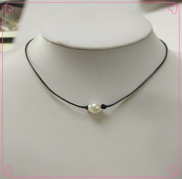 

белый single pearl кожа choker ожерелье для женщин девушки из натуральной кожи шнура knotted ожерелья чокеровщика ювелирных изделий ручной р, Golden;silver