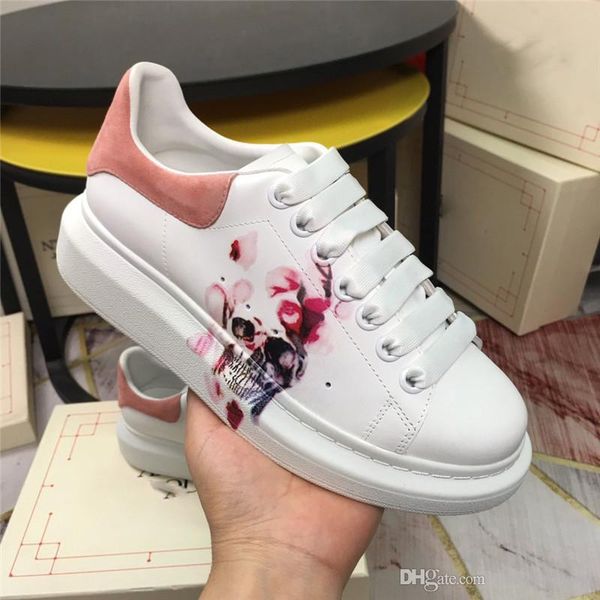 

alexandemcque oversized sneakers white smooth calf leather lace-up print plum blossom with pink suede heel trainers shoes with original box, Blue;gray
