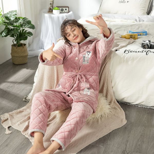 

woman pajamas autumn and coral down thickening lint cotton confinement serve even hat home furnishing serve keep warm pajamas, White