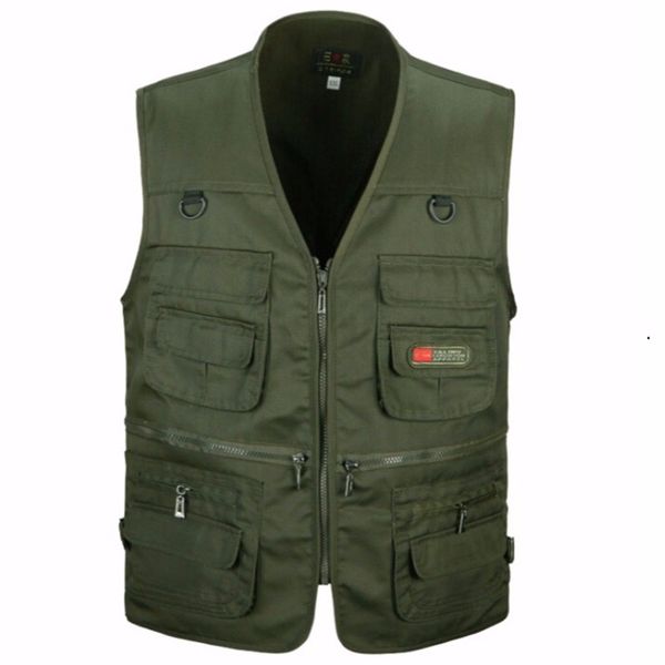 

men vest army green waistcoat multi-pocket travel or work wear durable plus size, Black;white