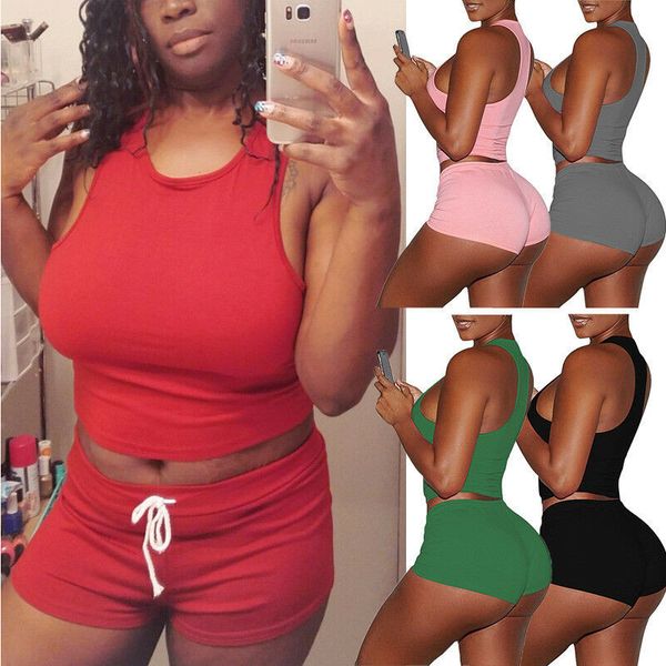 

women 2pcs yoga suit workout gym running sports bra vest shorts athletic set solid, White;red