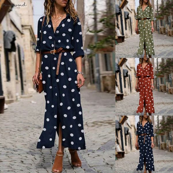 

maxi dress women summer dot print long sleeve deep v neck front button long party beach dresses robe femme, Black;gray