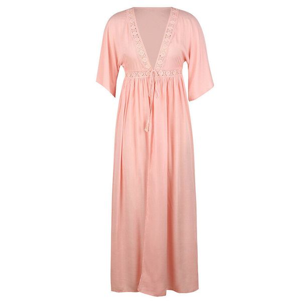 

long swimwear drawstring women dress beach wear maxi bikini cover up solid holiday v neck short sleeve summer lace, Blue;gray