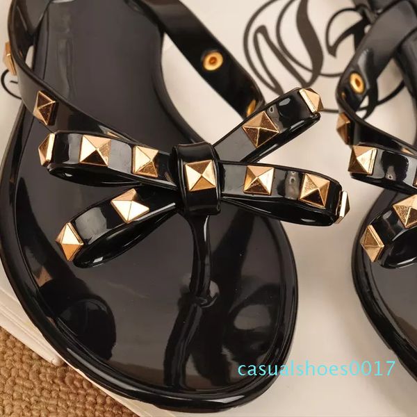 

new 2018 woman summer sandals rivets big bowknot flip flops beach sandalias femininas flat jelly designer sandals c17, Black