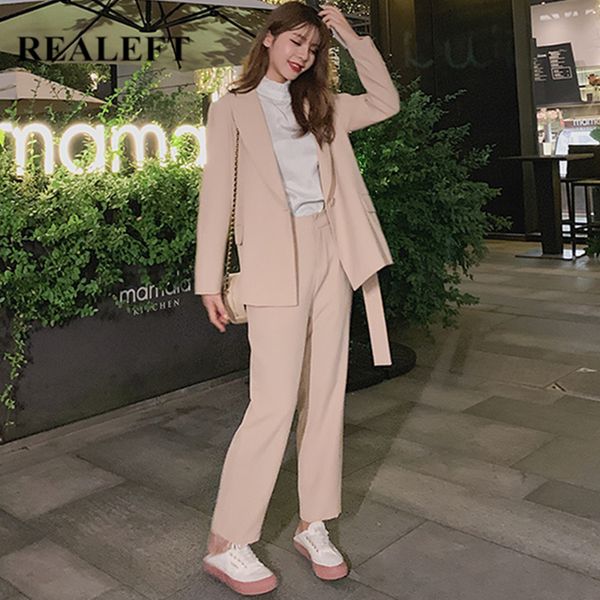 

realeft autumn work pants suits 2 piece sets casual blazer jacket with belt & casual trousers suit for women sets feminino, White;black
