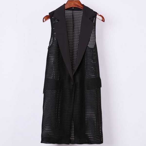 

plus size 4xl women summer spring sleeveless outerwear female casual grid medium-long slim one button solid patchwork vest, Black;white