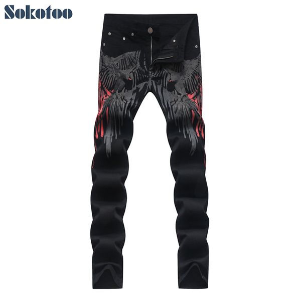 

sokotoo men's fashion wings print stretch denim jeans slim colored drawing painted black pencil pants long trousers, Blue