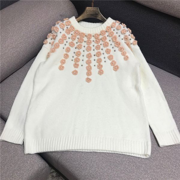 

luxury designer brand knitted pullovers for women vintage hand crochet flowers beading loose white knitted sweater, White;black