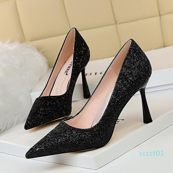 

women pointed toe pumps ultra-thin heeled ladies shoes sequined cloth female high heel wedding shoes silver color ct01, Black