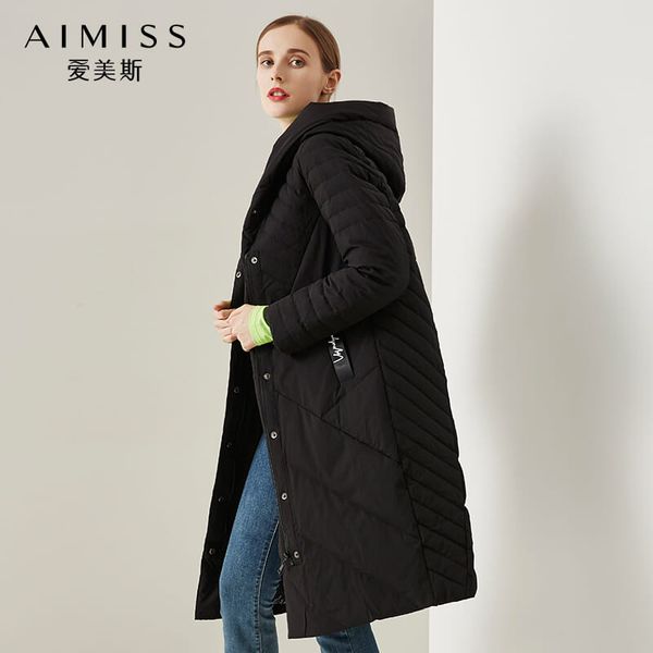 

aimiss brand fashion women down jacekt 90 % dark down full sleeves hooded zippers thick warm winter long coat, Black