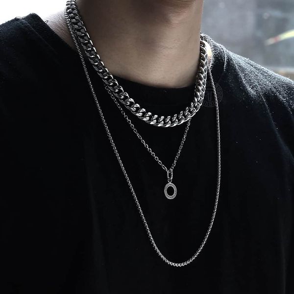 

multi layered circle charm pendant choker necklace for men women silver gold stainless steel curb cuban box link chain tnm001
