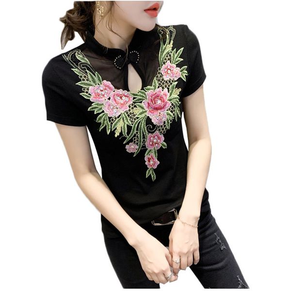 

women's t-shirt summer women t-shirts casual folk-custom flowers embroidered & tees slim short sleeve female t shirt feminine y291, White