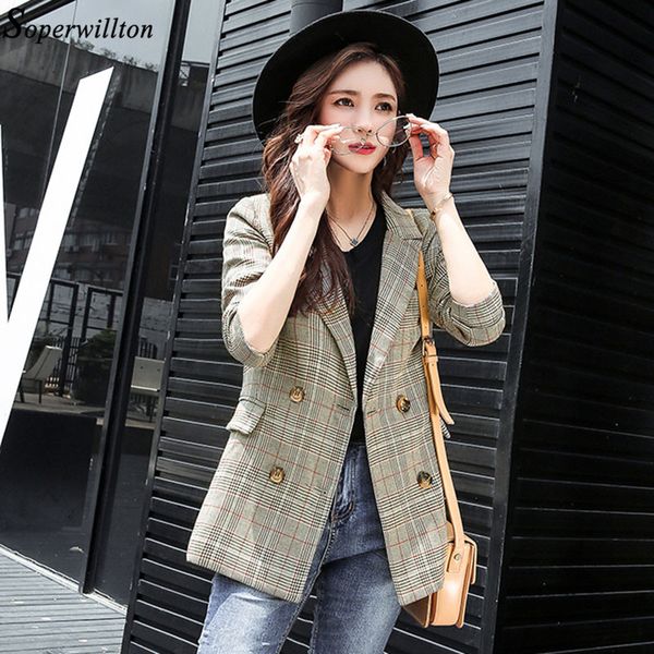

suit jacket women plaid blazers feminino 2019 spring autumn double breasted blaser female office coat elegant vintage brown bl31, White;black