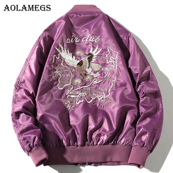

aolamegs jackets men eagle embroidery thin jacket tracksuit baseball coats hip hop stand collar male windbreaker streetwear, Black;brown