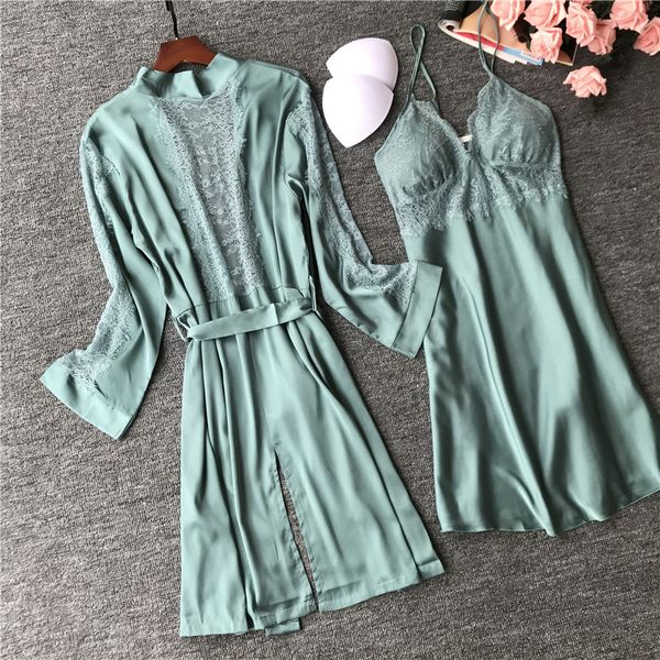 

2019 women sleepwear 2 pieces lace femme robe & gown sets sleep lounge set ladies nightwear bathrobe night dress chest pads, Black;red