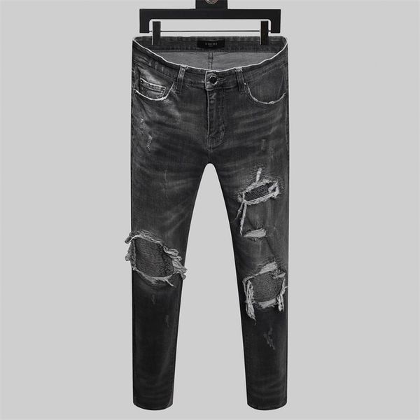 

skinny jeans bleached retro biker jeans men straight slim elastic jeans all-match simple mens stretch hole denim trouser classic men design, Blue