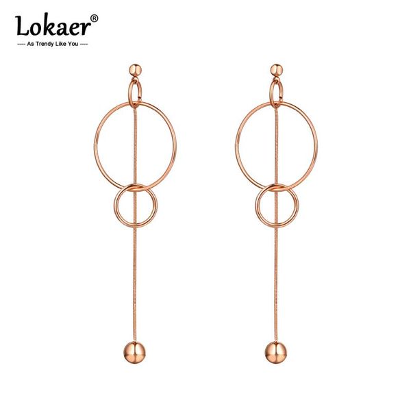 

lokaer trendy titanium stainless steel double circle tassel drop earrings for women bohemia chain dangle earrings jewelry e20059, Silver