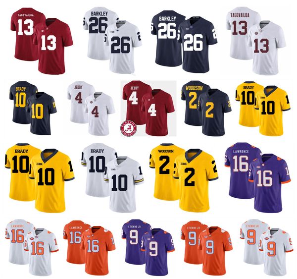 

wolverines 10 tom brady 26 saquon barkley 13 tua tagovailoa clemson tigers 16 trevor lawrence 9 travis etienne jr. college football jerseys, Black