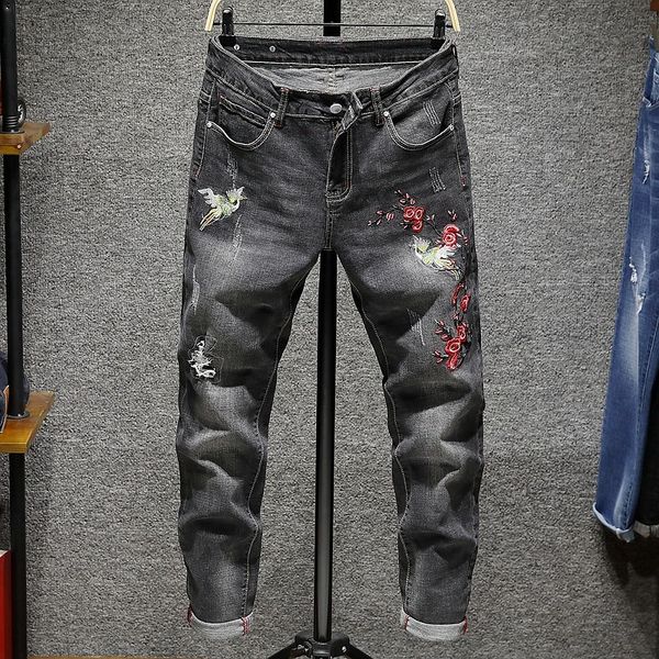 

mens designer jeans fashion style embroidered slim stretch pants holes, Blue