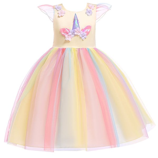 

girl princess dress beauty lace unicorn dresses for 2-10years girls rainbow dress party performance dress clothing, Red;yellow