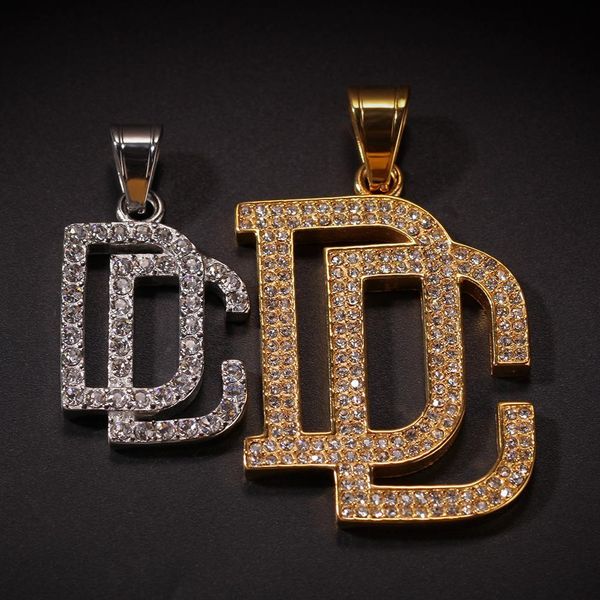 

new men bling bling full cubic zircon dream chaser pendants necklaces men hip hop gold color zinc stainless steel dc necklace jewelry, Silver